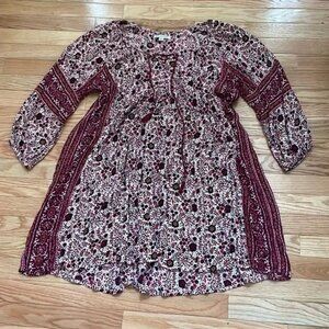 American Eagle Mini Dress Womens Large Red White Floral Print Boho Peasant Tunic